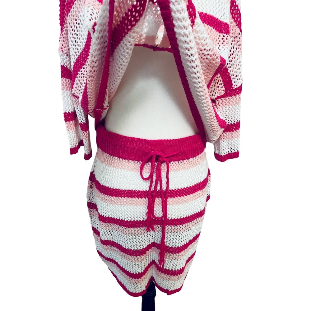 NEW Large Crochet‎ Knit Swim Cover Set Striped Cardigan & Mini Skirt Pink White - Picture 5 of 9